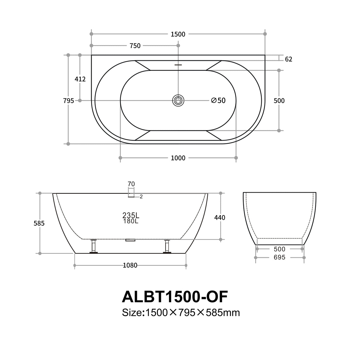 Atlantic Back to Wall Bathtub 1500*795*585mm ALBAT1500-OF/NF ALBAT1700-OF/NF — detail 4