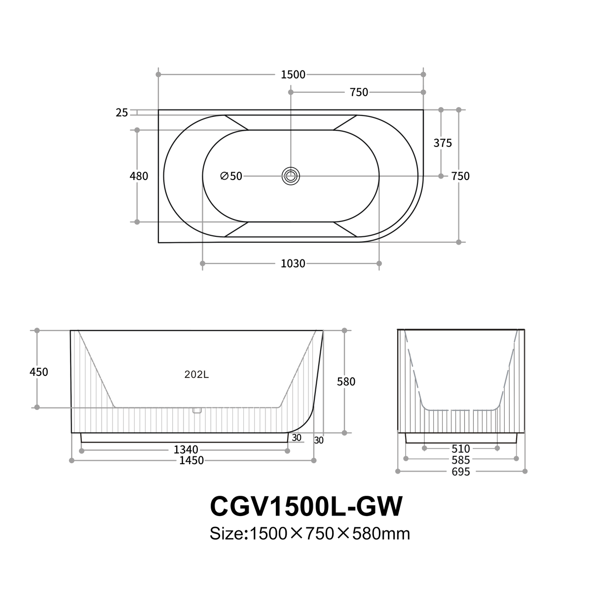 Capri Fluted Corner Freestanding Bathtub 1500/1700mm CBAT1500L/R-GW/MW/MB/CBAT1700L/R-GW/MW/MB — detail 8