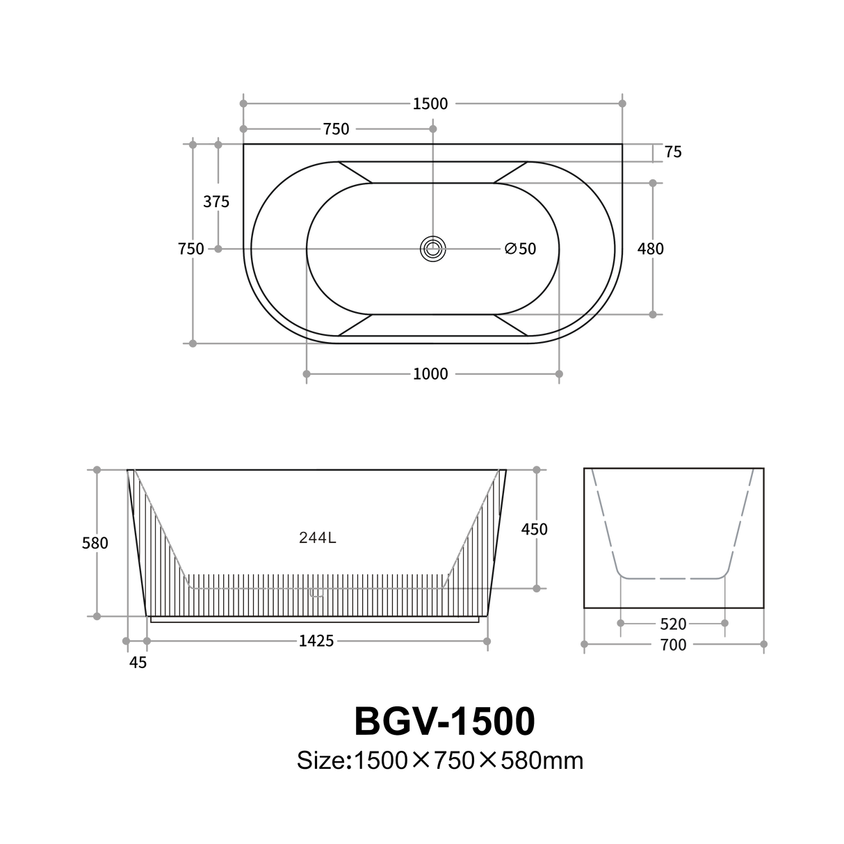 Bali Fluted Freestanding Back to Wall Bathtub 1500/1700 BBAT1500GW-MW-MB/BBAT1700GW-MW-MB — detail 11