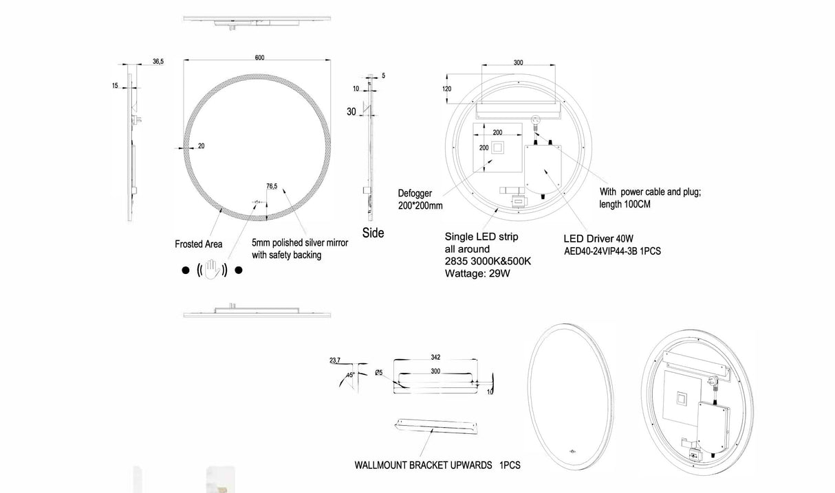Ronda Backlit LED Mirror Smart Touch Free Controls 600/800/900mm OR600BM/OR800BM/OR900BM — detail 4