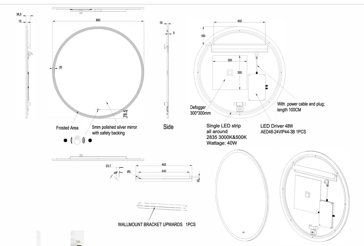 Ronda Backlit LED Mirror Smart Touch Free Controls 600/800/900mm OR600BM/OR800BM/OR900BM — detail 5
