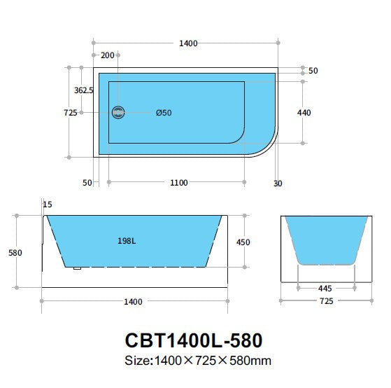 Corner CBT1400L-580 Back to Wall Bathtub — detail 3