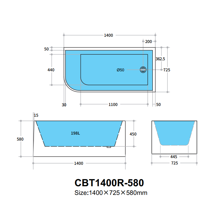 Corner CBT1400R-580 Back to Wall Bathtub — detail 3