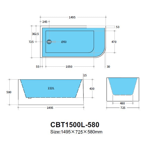 Corner CBT1500LMW-580 Back to Wall Bathtub — detail 3