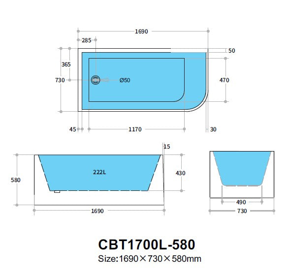 Corner CBT1700LMW-580 Left Corner BTW Bathtub — detail 3