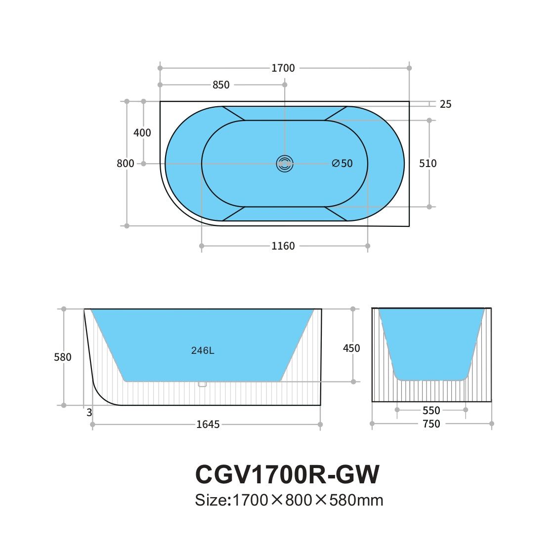 Capri CGV1700R Oval Freestanding Right Corner Bathtub — detail 4