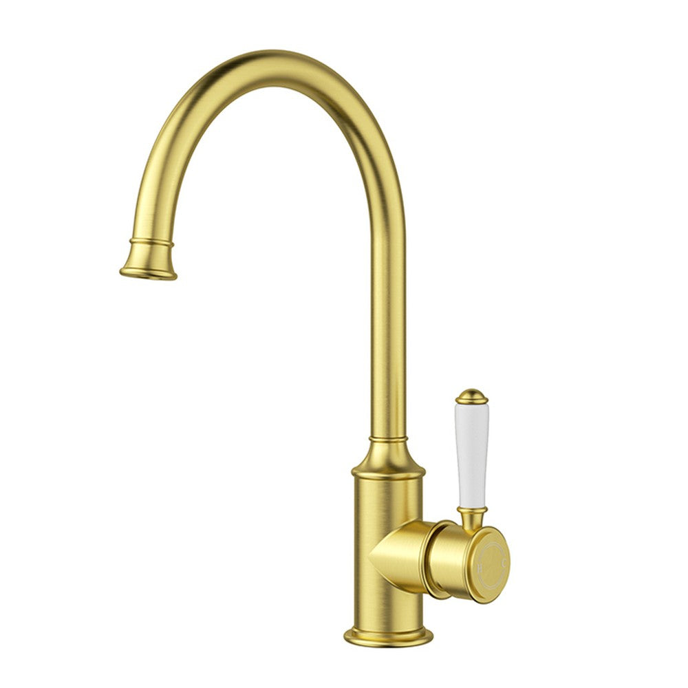 Clasico Sink Mixer Gooseneck Brushed Gold / Ceramic Handle Brushed Gold