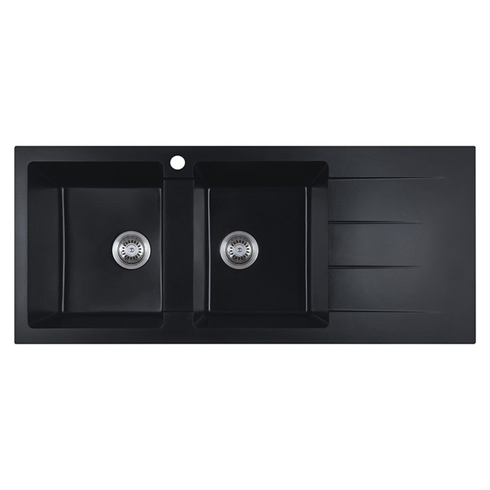 Cora Black Granite Sink One & Half Bowl with drainer 1160x500x210 Matt Black