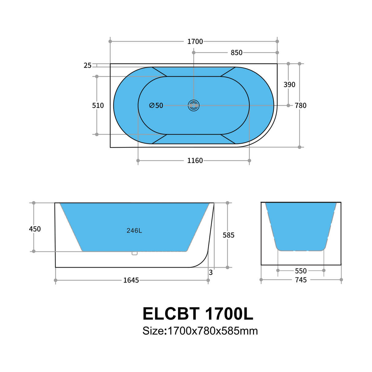 Elivia ELCBT1700L Oval Freestanding Left Corner Bathtub — detail 3