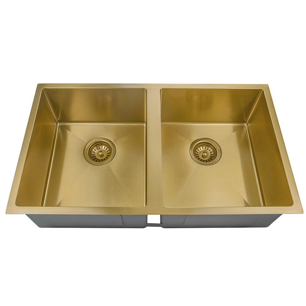 Stainless Steel Double Bowl Undermount Sink (R10 Corner) Brushed Gold Brushed Gold