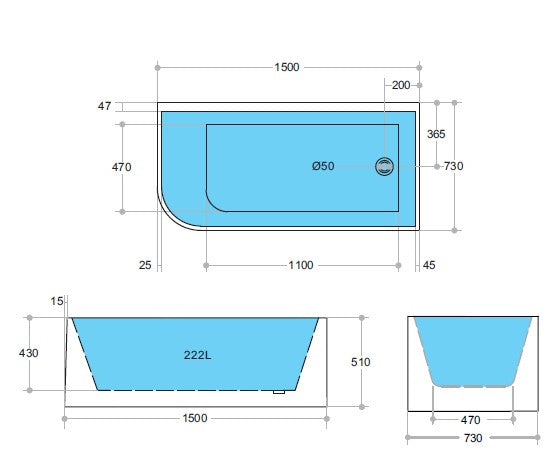 Corner CBT1500R-510 Back to Wall Bathtub — detail 3