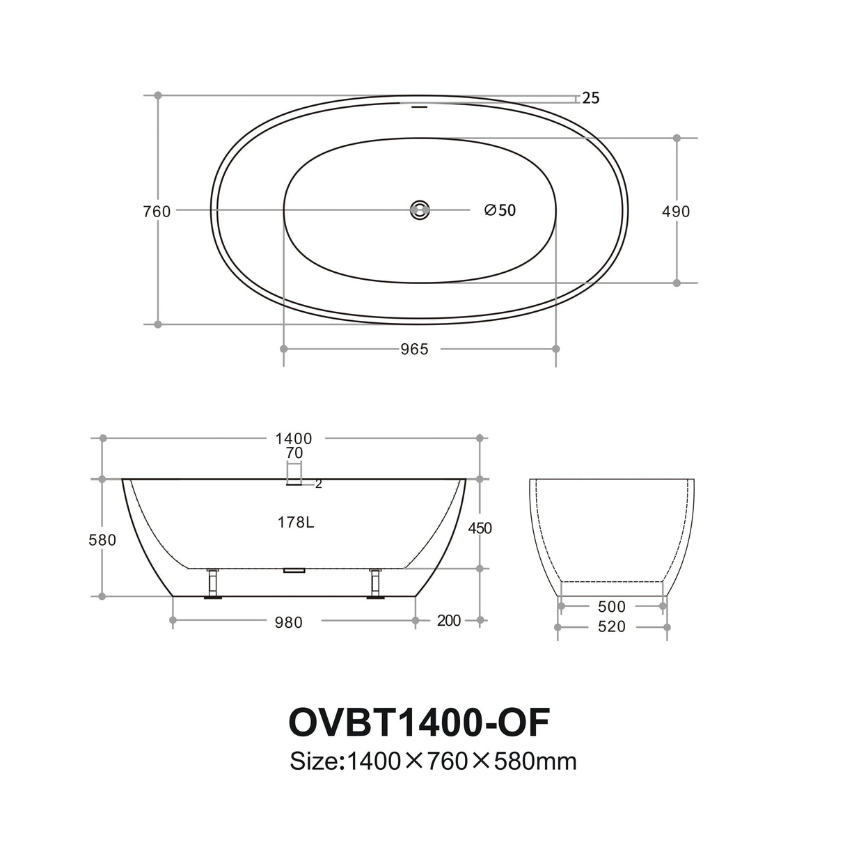 Ovy Acrylic Freestanding Bathtub 1400/1500/1700 OVY1400/1500/1700-NF/OF — detail 4