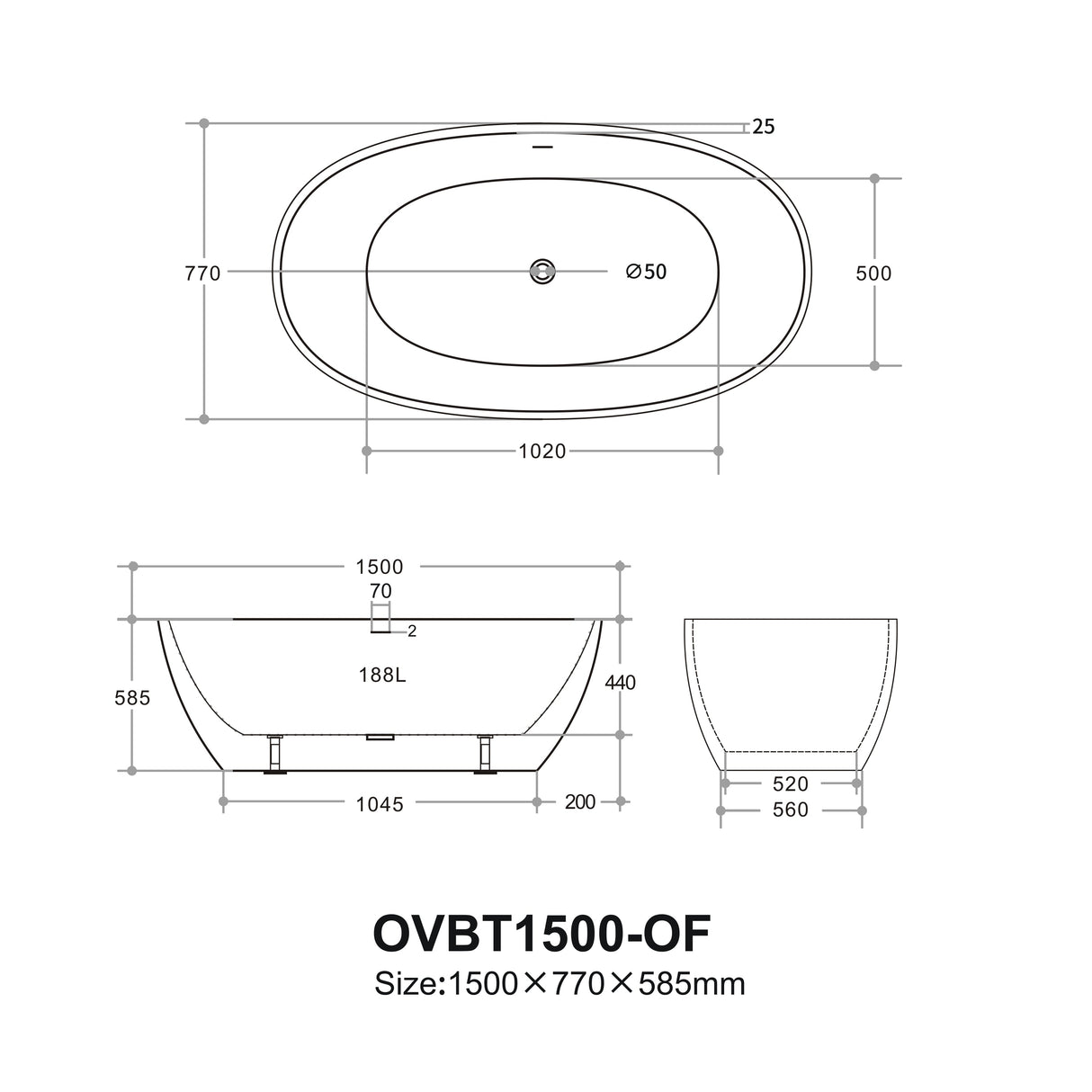 Ovy Acrylic Freestanding Bathtub 1400/1500/1700 OVY1400/1500/1700-NF/OF — detail 7