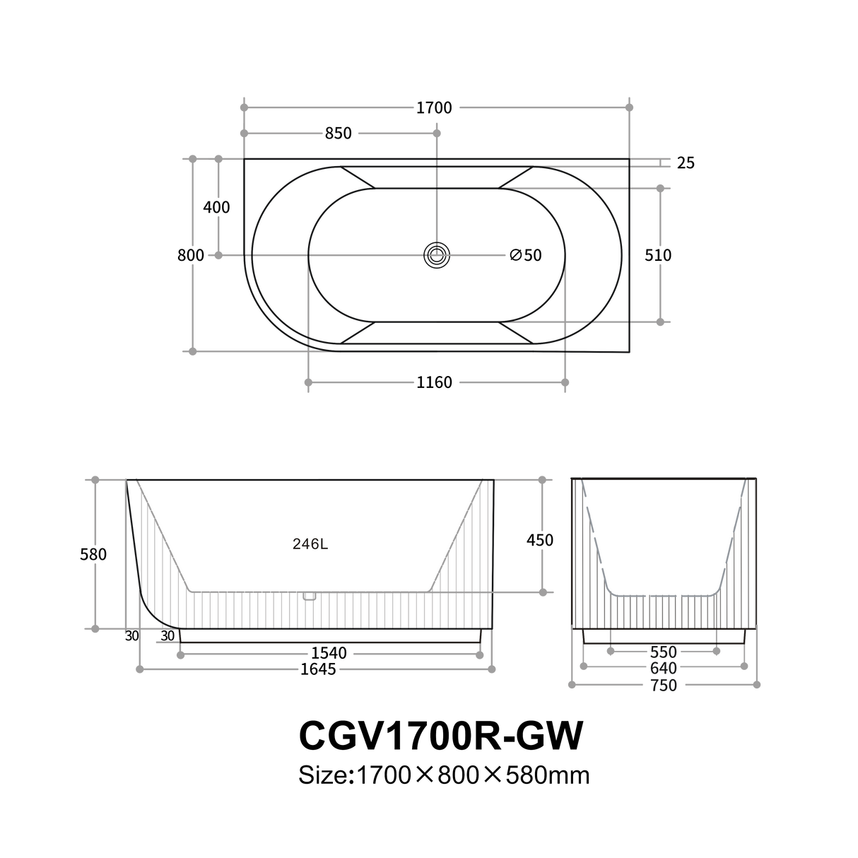 Capri Fluted Corner Freestanding Bathtub 1500/1700mm CBAT1500L/R-GW/MW/MB/CBAT1700L/R-GW/MW/MB — detail 7