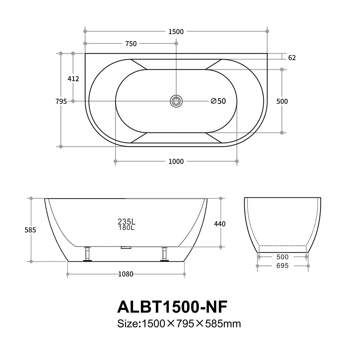 Aria Back to Wall Bathtub ALBT1500-NF — detail 4