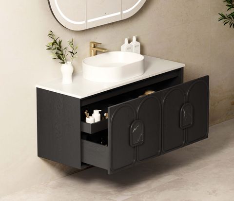 Laguna 1200mm Black American Oak Wall Hung Vanity with Pure White Top — detail 4