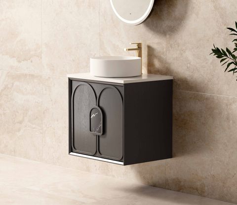 Laguna 600mm Black American Oak Wall Hung Vanity with Pure White Top — detail 2