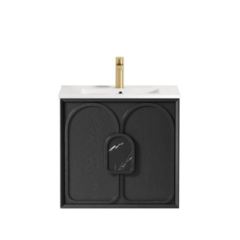 Laguna 600mm Black American Oak Wall Hung Vanity with Ceramic Top