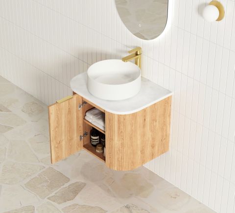 Bondi 600mm Woodland Oak Fluted Curve Vanity with Cloudy Carrara Top — detail 4