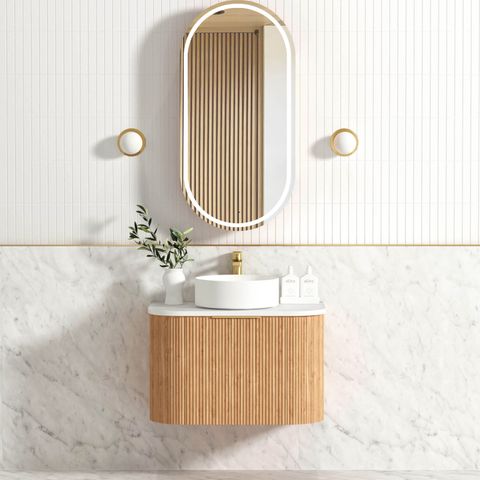 Bondi 750mm Woodland Oak Fluted Curve Vanity with Pure White Top