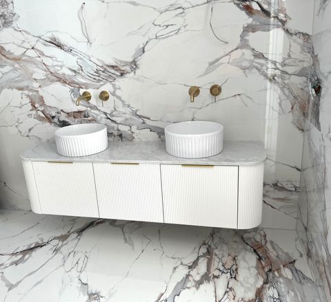 Bondi 1800mm Satin White Fluted Wall Hung Curve Vanity with Natural Carrara Marble Top — detail 8