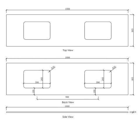 Natural Carrara Marble 1800x465x18 Top with Double Undermount Basins — detail 2