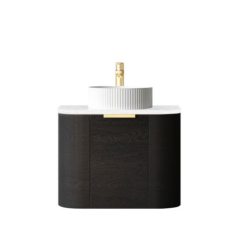 Bondi 600mm Black Oak Wall Hung Curve Vanity with Cloudy Carrara Top — detail 2