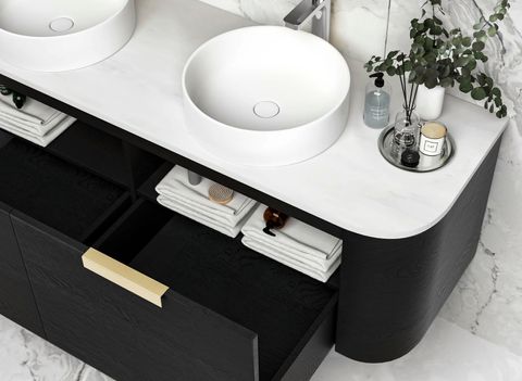Bondi 1500mm Black Oak Wall Hung Curve Vanity with Cloudy Carrara Top — detail 2
