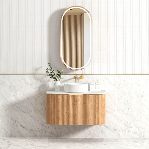 Bondi 900mm Woodland Oak Fluted Curve Vanity with Cloudy Carrara Top