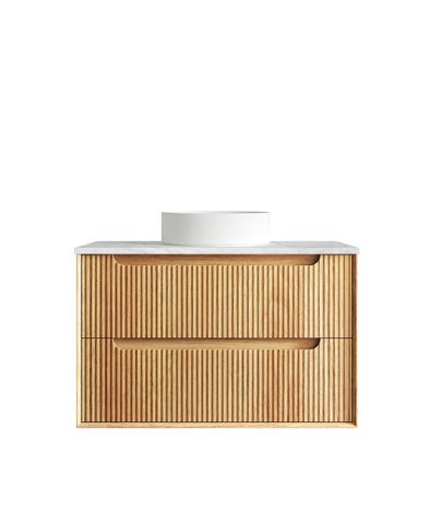 Byron Fluted 900mm Woodland Oak Wall Hung Vanity with Cloudy Carrara Top