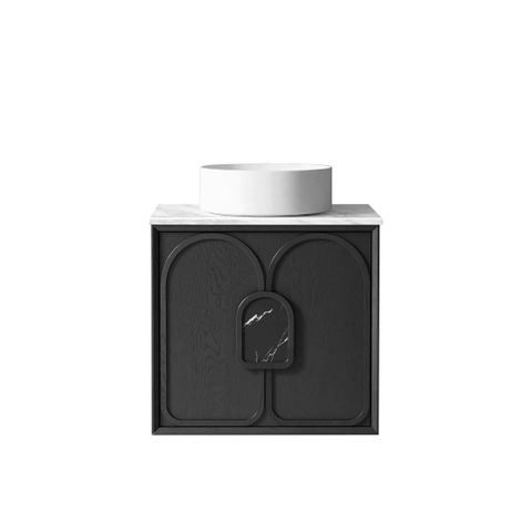 Laguna Mark II 600mm Black Oak Wall Hung Vanity with Natural Carrara Marble Top — detail 2