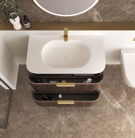 Havana 900mm Sable Walnut Fluted Wall Hung Curve Vanity with Chloe Silk Top — detail 5