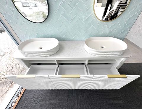 Bondi 1800mm Satin White Fluted Wall Hung Curve Cabinet — detail 3