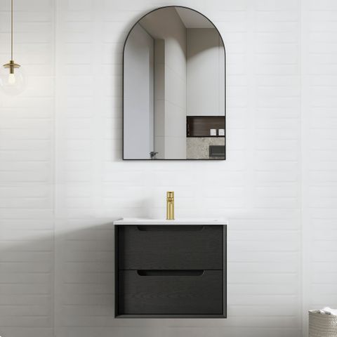 Byron 600mm Black Oak Wall Hung Vanity with Ceramic Top