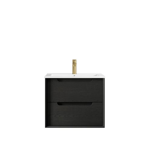Byron 600mm Black Oak Wall Hung Vanity with Ceramic Top — detail 2