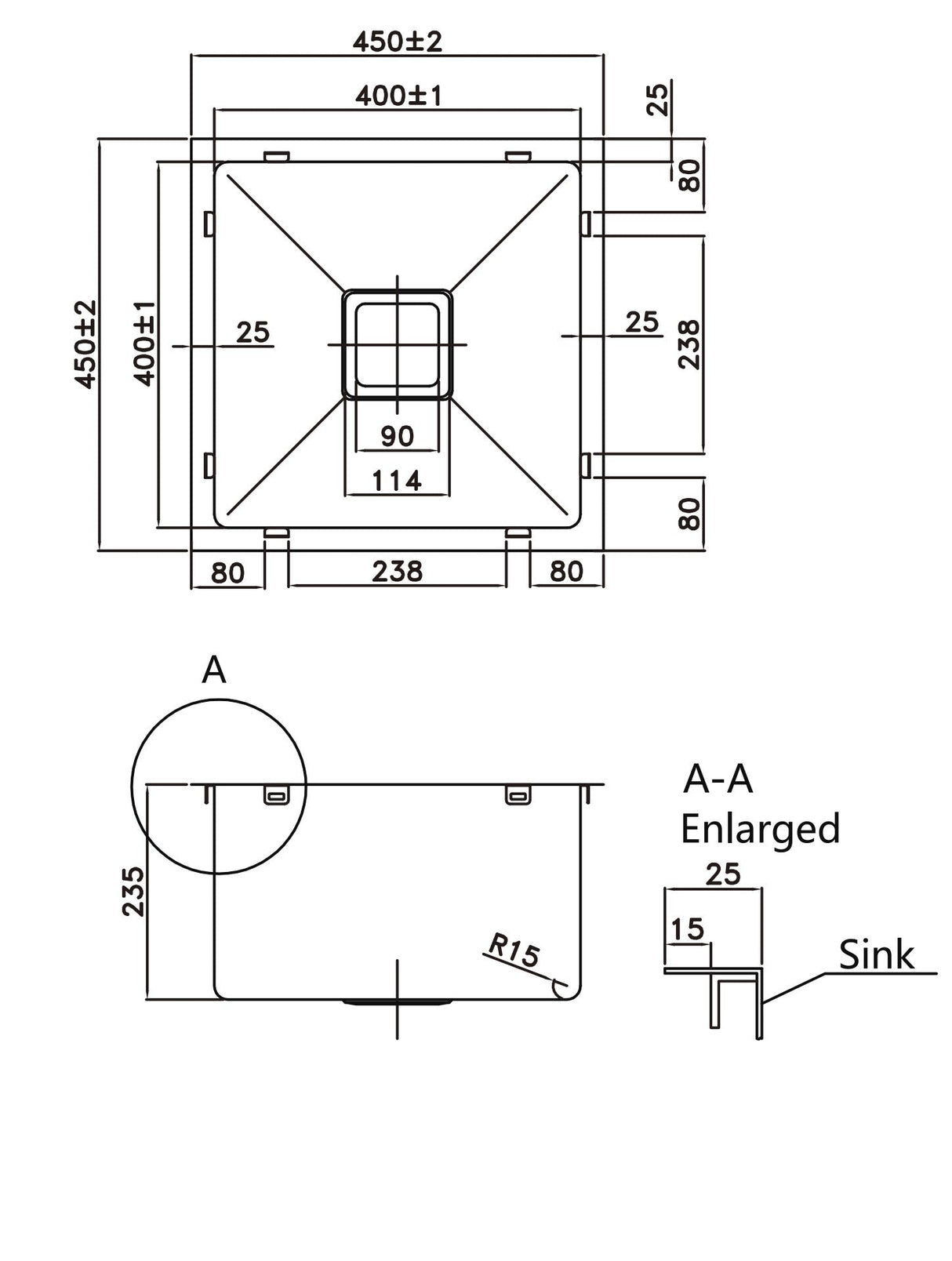304 Stainless Steel Sink(SLSS-450S) 450x450x220mm — detail 2