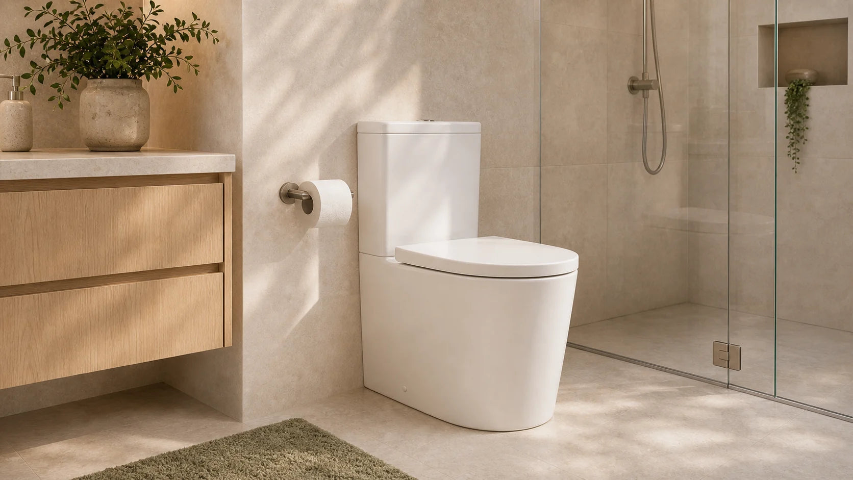 Modern white toilet suite in a warm natural-stone bathroom