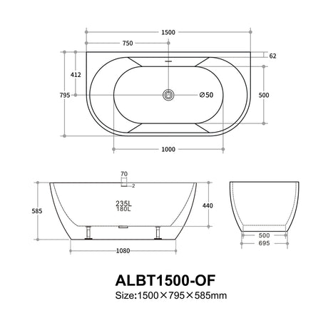 Atlantic Back to Wall Bathtub 1500*795*585mm ALBAT1500-OF/NF ALBAT1700-OF/NF — detail 4