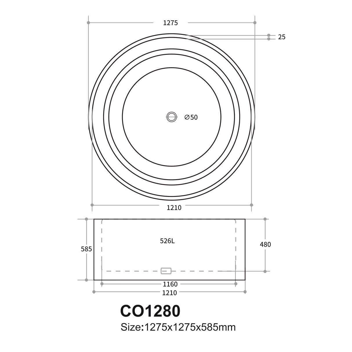 CETO Como round Groove bathtub 1280*1280*595mm COGV1280GW/MW-NF/OF — detail 5