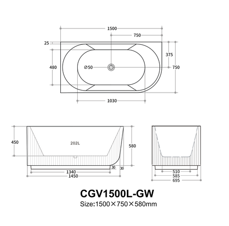 Capri Fluted  Corner Freestanding Bathtub 1500/1700mm CBAT1500L/R-GW/MW/MB/CBAT1700L/R-GW/MW/MB — detail 8