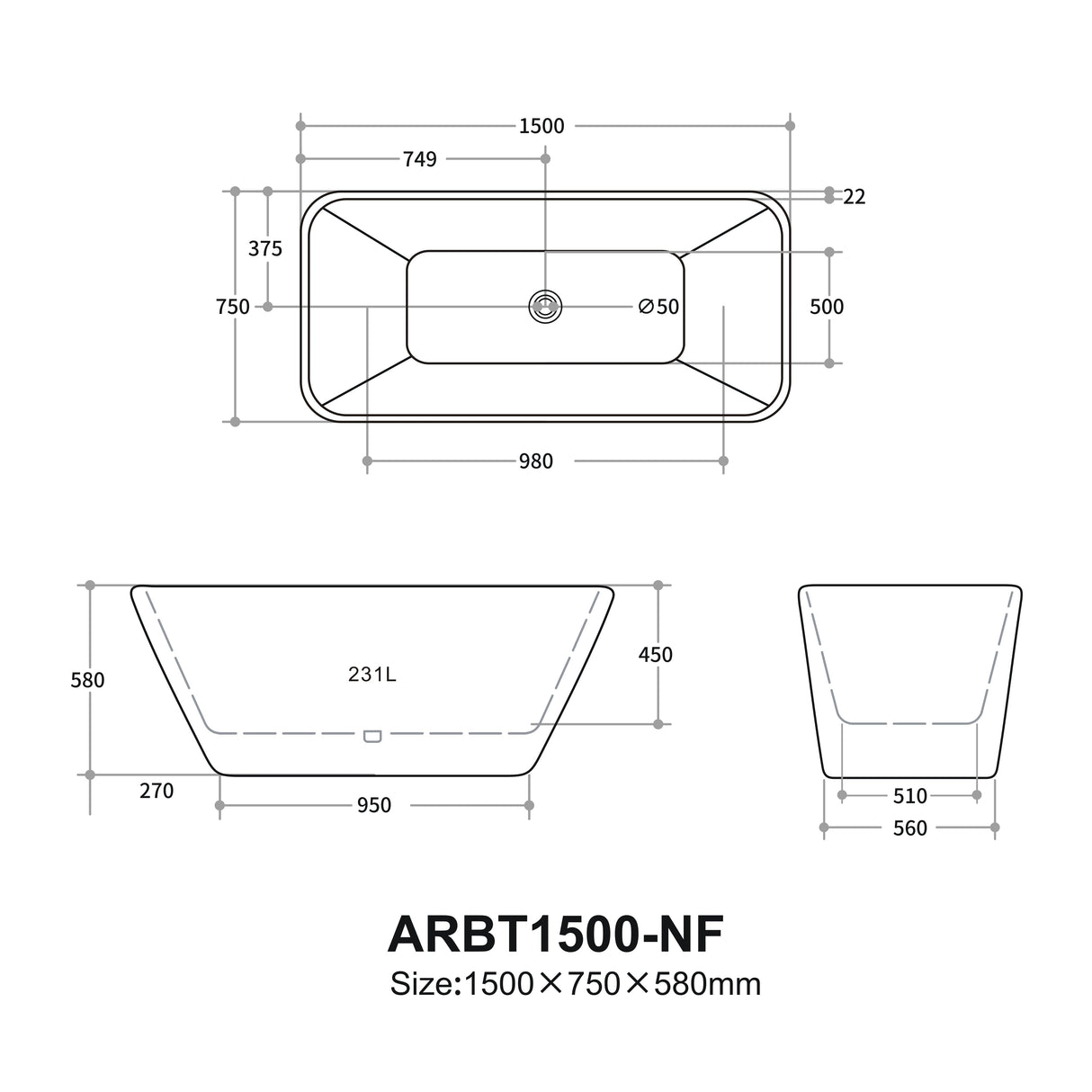 Rossa Freestanding Bathtub 1500/1700 RBAT1500-NF/RBAT1700-NF — detail 3