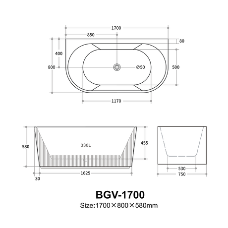 Bali Fluted Freestanding Back to Wall Bathtub 1500/1700 BBAT1500GW-MW-MB/BBAT1700GW-MW-MB — detail 10