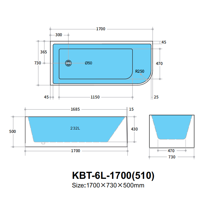 Corner CBT1700L-510 Back to Wall Bathtub — detail 3