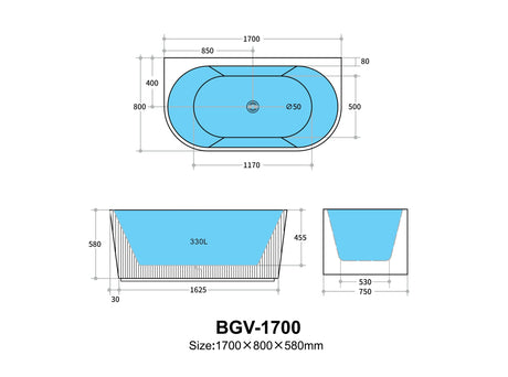BGV-1700 Back to Wall Oval Free Standing Bathtub — detail 4