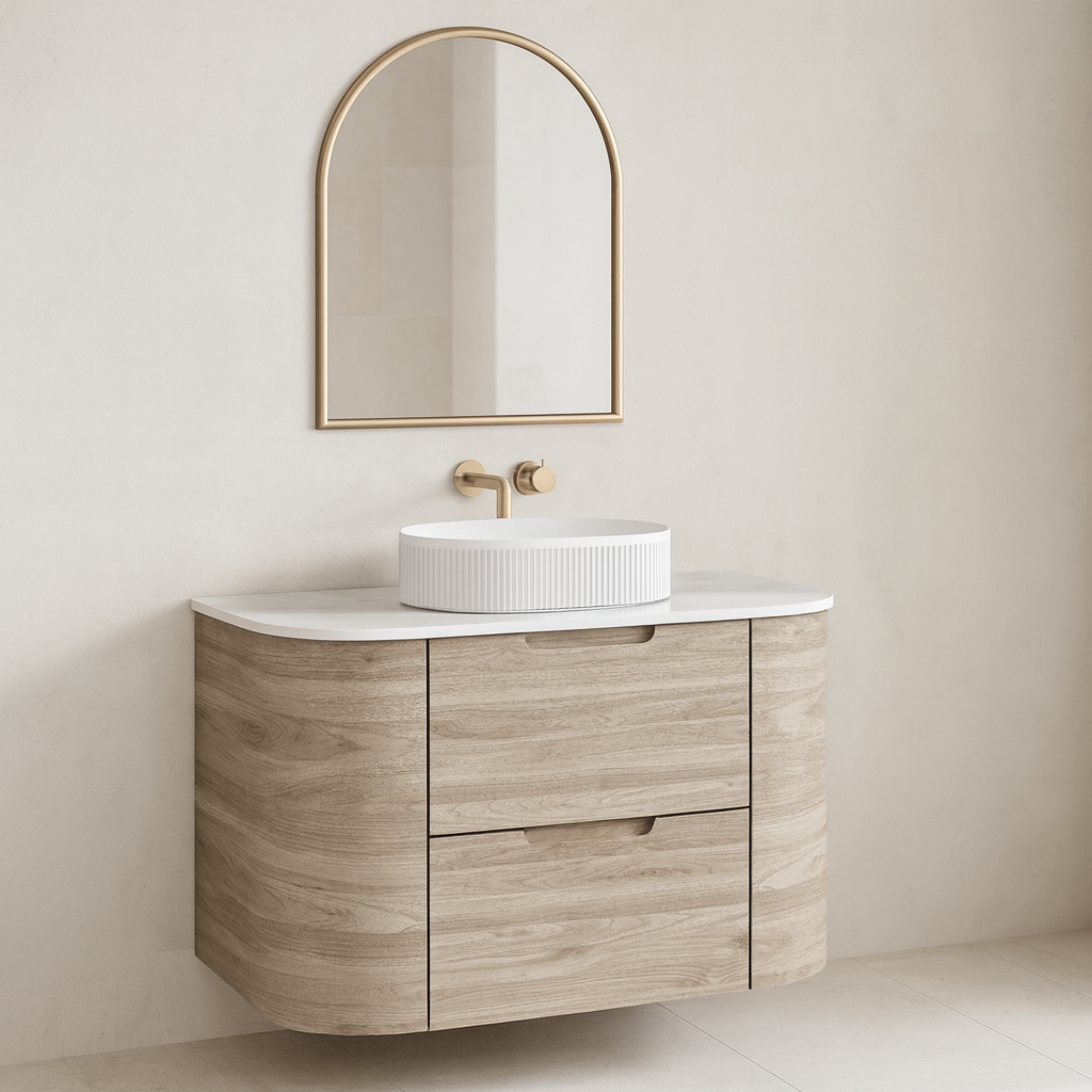 VITO CALVO Wall-Hung Curved Cabinet with Soft-Close Drawers and Natural Wood Finish 750-1550mm — detail 2