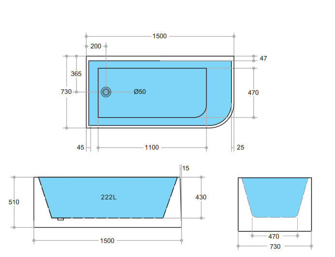 Corner CBT1500L-510 Back to Wall Bathtub — detail 3