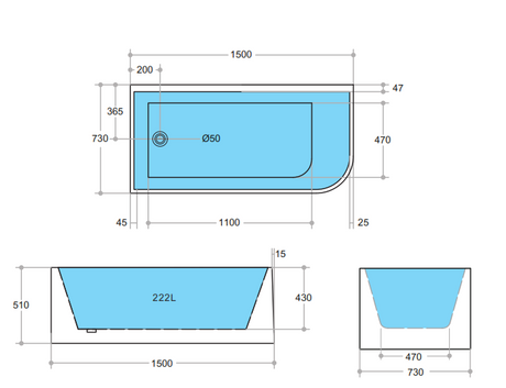 Corner CBT1500L-510 Back to Wall Bathtub — detail 3
