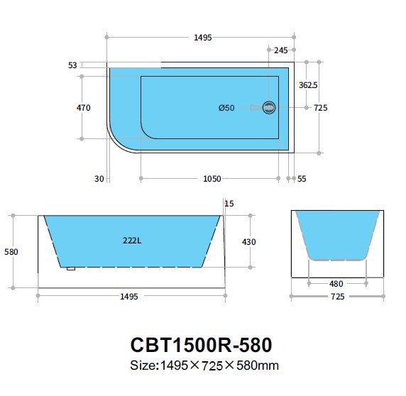 Corner CBT1500R-580 Back to Wall Bathtub — detail 3