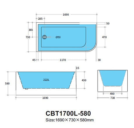 Corner CBT1700LMW-580 Left Corner BTW Bathtub — detail 3