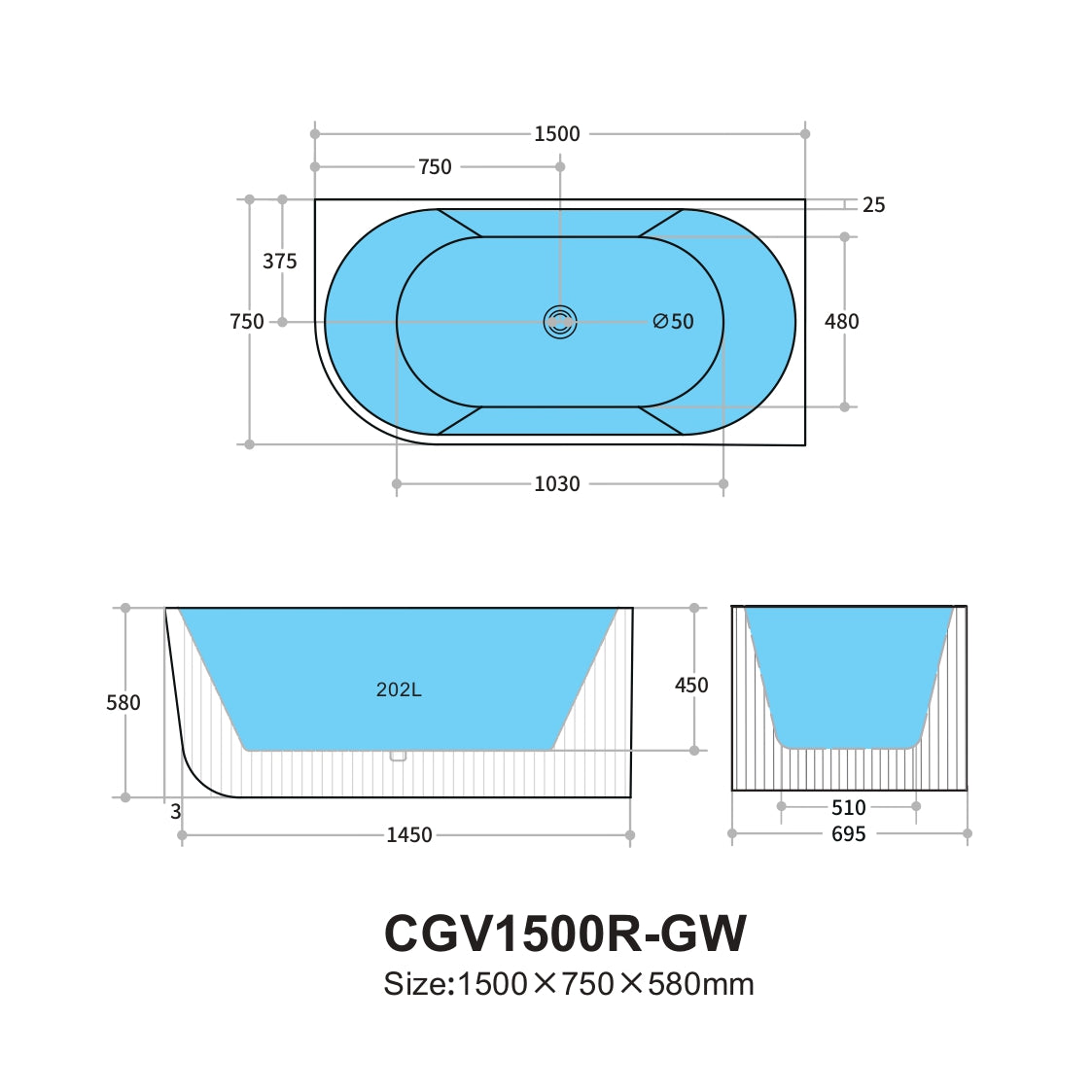 Capri CGV1500R Oval Freestanding Right Corner Bathtub — detail 4